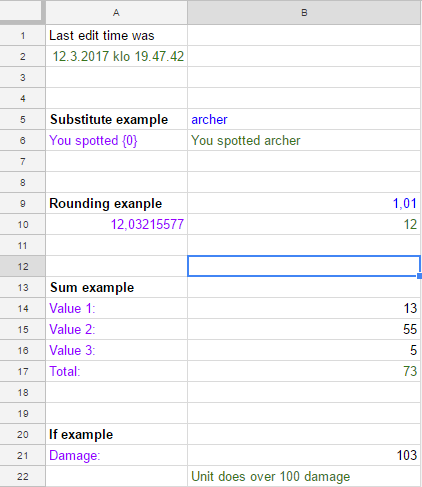 Useful functions spreadsheet